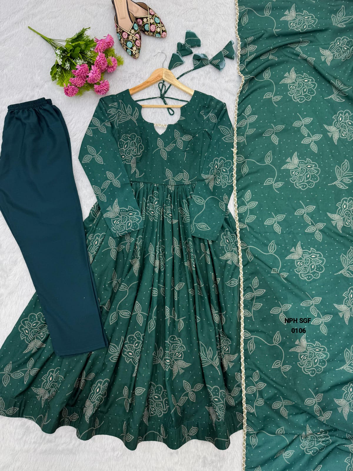 Women's Printed Maslin Gown Set with Pant & Dupatta